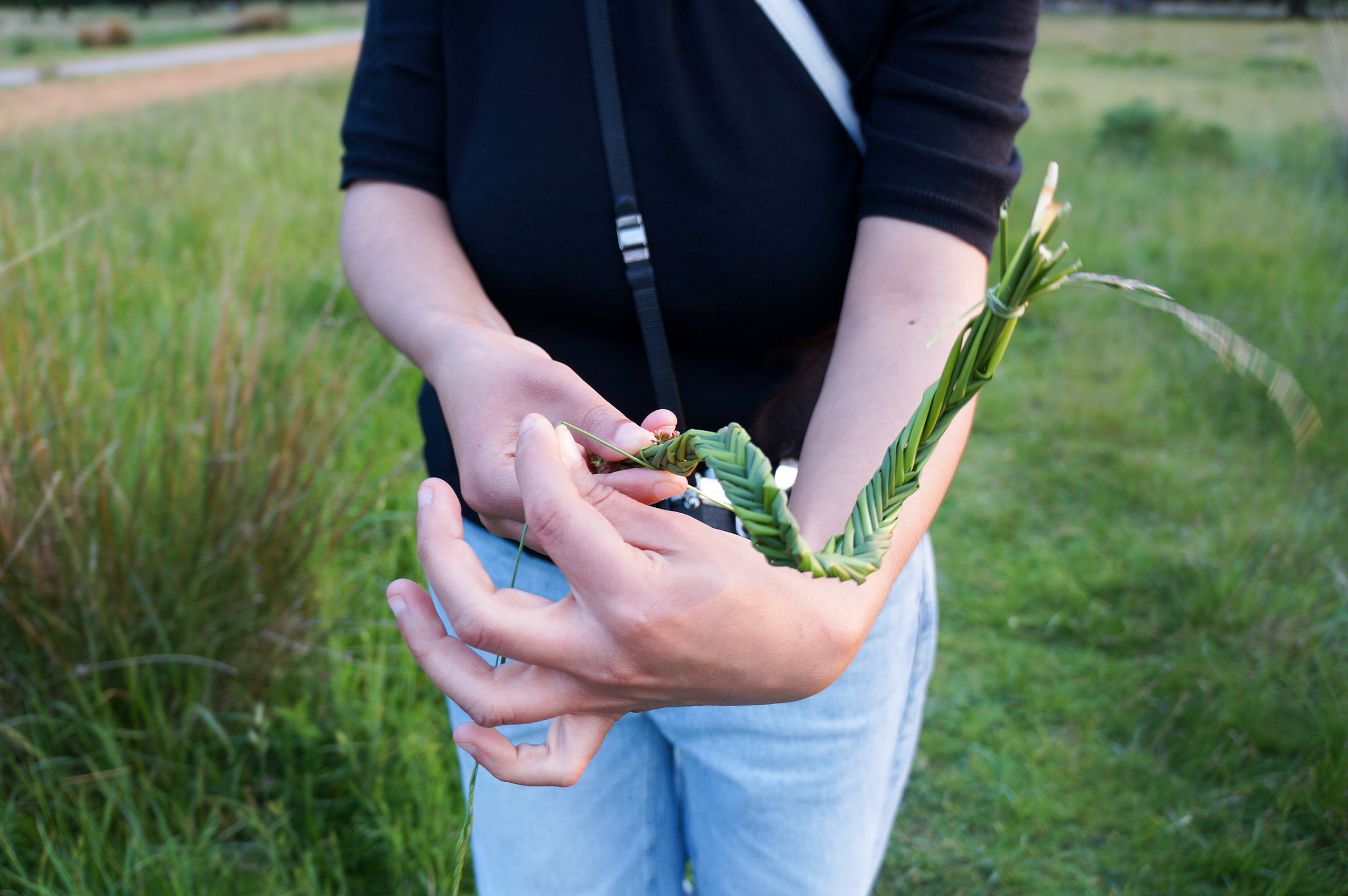 Ta'Yali's hands in focus holding a braid they made from rush grass. The twist of their hands corelates with the twirl of the braid. Background with green grass and Ta'Yali's body, wearing a black sweater and lightblue denim jeans.