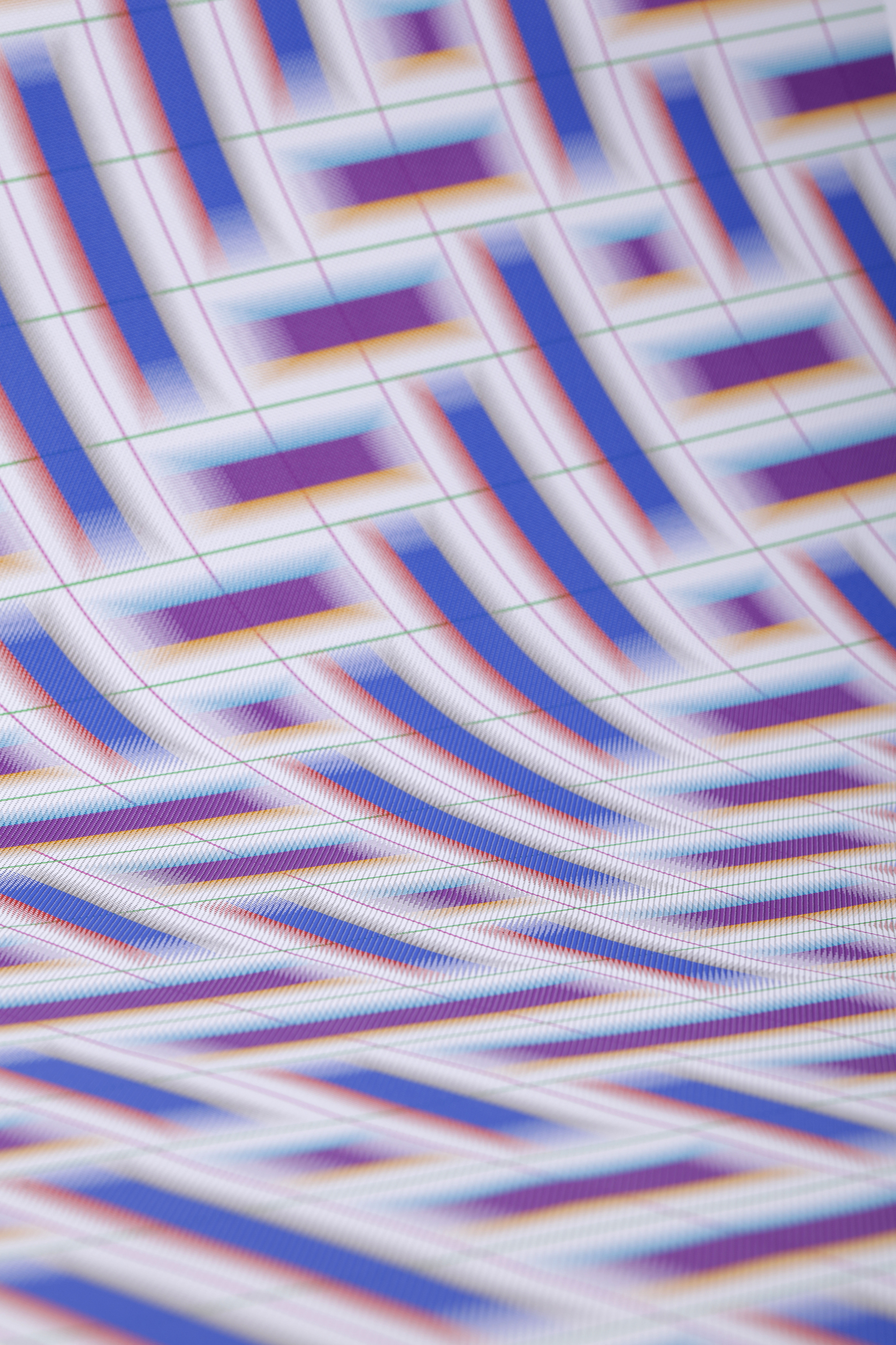 Perspective distortion of colourful stacked together diagonal lines on a white background. The lines in direction from the upper left corner to the lower right corner are vivid blue inside, red on the left outer border and grey on the right outer border. The red and grey outer edge gradates into the white background. The set of lines running from the upper right corner to the lower left corner is purple inside, with the outer borders being orange and cyan also dissolving into the white background.