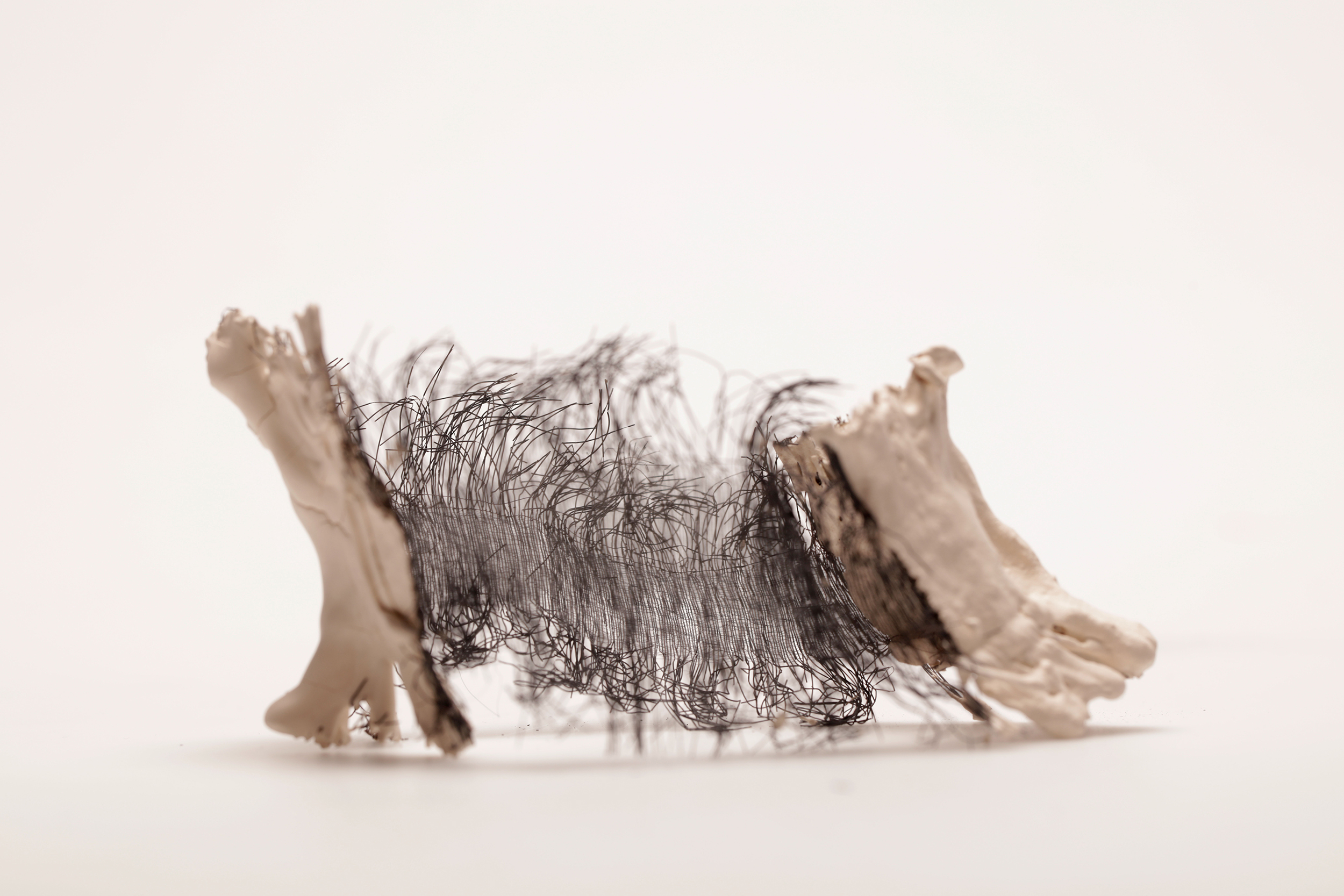 An object consisting of a horizontal narrow strip of textile fraying towards the bottom and the top with ceramic at the left and at the right. Photographed against a white background.